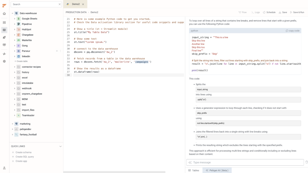 Low-code Python for data integration and activation - Peliqan