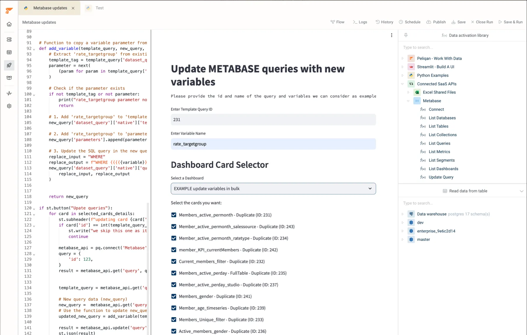 Peliqan data app to select the dashboard and queries, and run the script