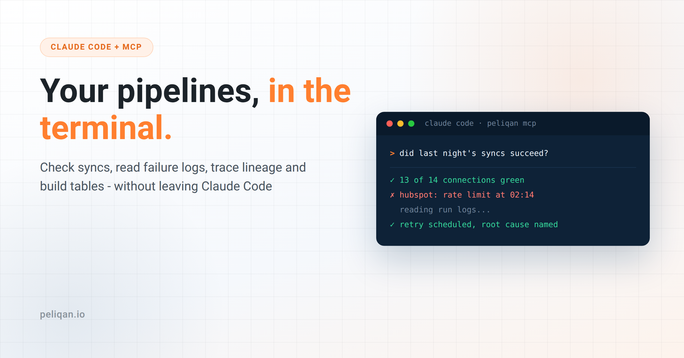 Data pipelines in Claude Code - a terminal session checking syncs and reading failure logs over MCP